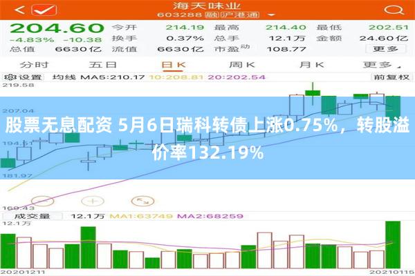 股票无息配资 5月6日瑞科转债上涨0.75%，转股溢价率132.19%